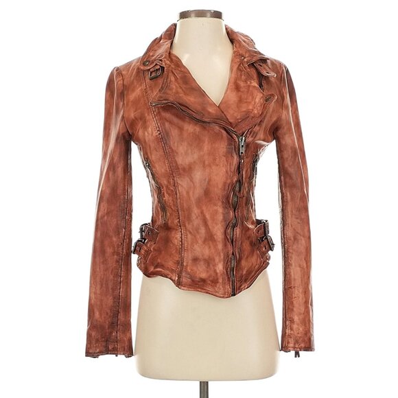 Muubaa x Free People Edgy Distressed Brown Leather Moto Biker Jacket Luxury Boho - Picture 1 of 16